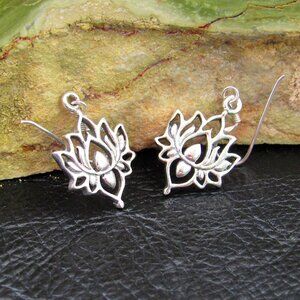 Solid 925 Sterling Silver Lotus Flower Egyptian Bean Drop Dangle Hook Earrings